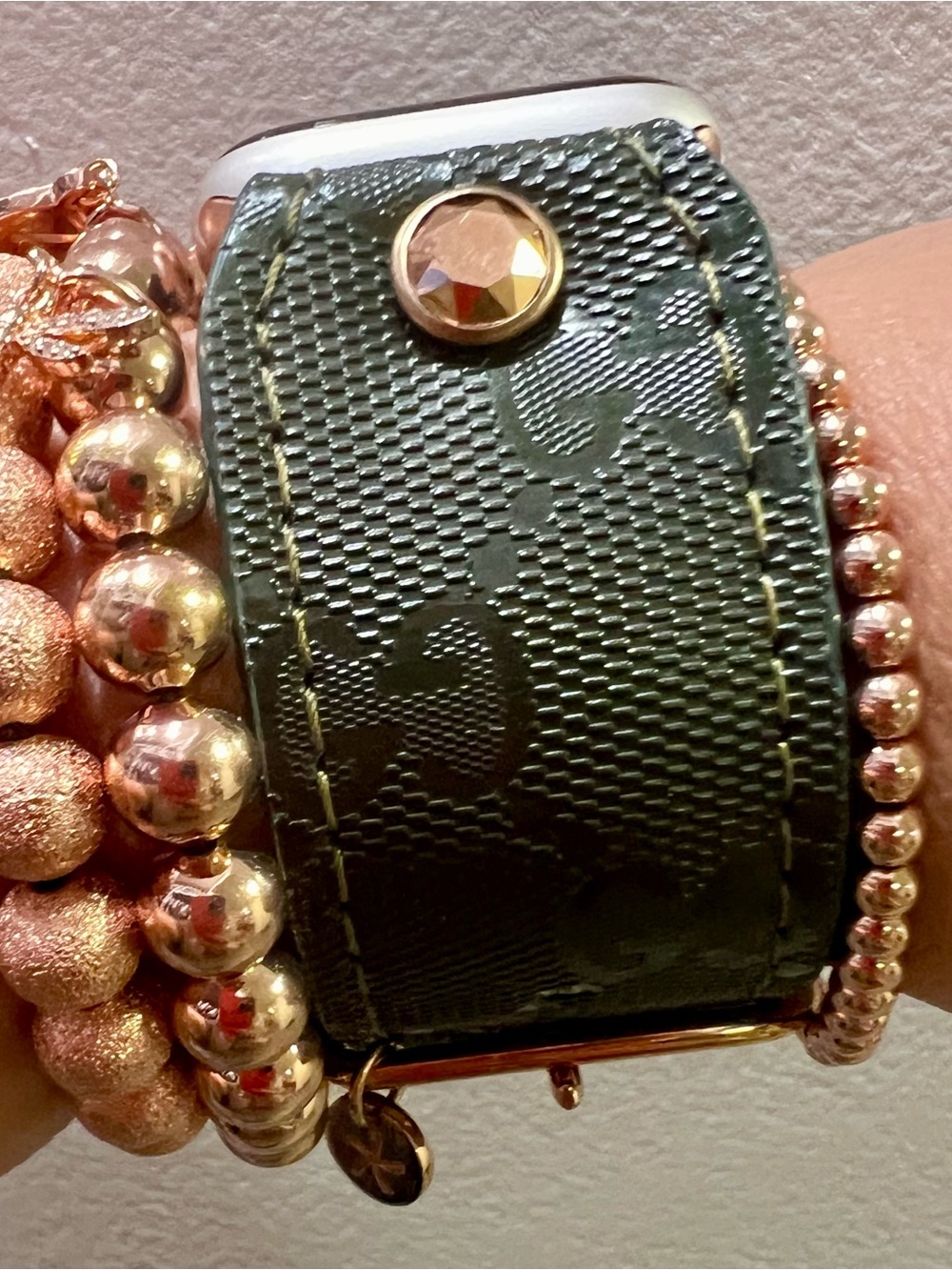 Spark*l band Emerald Gucci Imprime  Watch Strap with Rose Gold Mir Crystal.